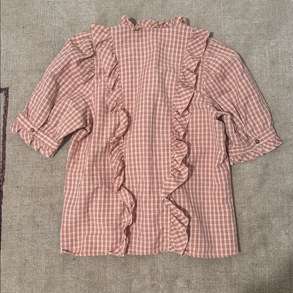 Sezane Pink Plaid Ruffle Button-Up Top - Picture 4 of 4